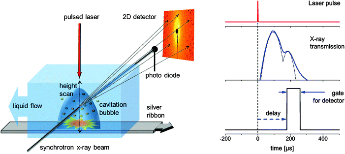 Left: experimental setup displaying the X-ray scattering experiment, liquid flow conditions and moving target to provide reproducible experimental conditions for every laser pulse during time-gated data accumulation. Right: scheme of the stroboscopic data acquisition with the detector being gated active for a fixed interval with delay with respect to the laser impact. The oscilloscope traces of the transmission change are recorded at the same time.