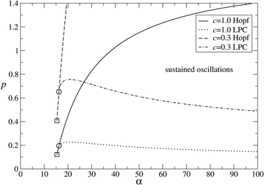 Bifurcation analysis in p − α space for the parameter values c = 1 and c = 0.3. The area with sustained oscillations is found to the right of the Hopf curves and above the LPC curves, respectively. The GH and the intersection with c = 2a/(p + pα) (appearance of the dead state) are denoted by open circles and squares, respectively. For c = 1: GH = (16.23713, 0.19559), intersection at (15.36557, 0.12221). For c = 0.3: GH = (16.23713, 0.65197), intersection at (15.36451, 0.40739). Other parameters are a = h = e = 1 and b = β = γ = 0.