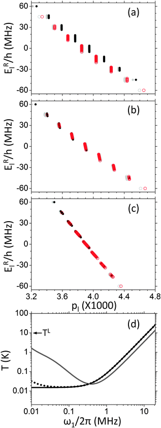 Steady state population vs. energy diagrams, for a homogeneously broadened system composed of seven electrons and a single nucleus with ωn/2π = 15 MHz. This was done using cw MW irradiation with a power of ω1/2π = 10 kHz (a), 100 kHz (b), or 400 kHz (c), and a MW frequency of (ΔωMW − ωe)/2π = −15 MHz. The black dots and red circles correspond to populations of states with σ = ∓1, respectively, and are a result of the simulation, while the gray dots and circles are the calculated energy–population relations for σ = ∓1, respectively, assuming the state of the system is given by three temperatures, as given in eqn (26). In (d) the steady state temperatures of the rotating frame electron Zeeman (solid black line), dipolar (gray line), and nuclear Zeeman (doted black line) bath are shown as a function of the MW power. This was calculated from the populations using eqn (26). The lattice laboratory frame temperature is indicated by an arrow. All other parameters of the system are given in Table 1.