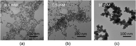 TEM images of chromium oxide nanoparticles formed after 300 min irradiation for (a) 0.1 mM [CrVI]0, (b) 0.5 mM [CrVI]0 and (c) 10 mM [CrVI]0.