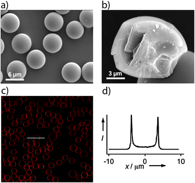 Characterization of lipid bilayer coated nanoporous silica spheres. SEM images of the (a) monodisperse nanoporous silica (SNS) spheres and (b) their internal fractured surface that shows that the SNS is solid without a hollow core. (c) CLSM image of the SNS spheres sealed with DOTAP lipid bilayers containing 1–3% Texas Red® DHPE. (d) Intensity graph obtained along the white horizontal line representing the size of the particle. The CLSM images were obtained 7 days after sealing and subsequent storage at 5 °C.