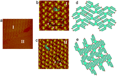 STM images of the assembly structure of asym-TTT at the 1-octanoic acid/graphite interface. (a) Large-scale (65.0 nm × 65.0 nm) STM image recorded with V = 531.4 mV, I = 518.8 pA. High-resolution STM images corresponding to domains I (b) and II (c). (b) Scan size: 16.1 nm × 16.1 nm, V = 531.4 mV, I = 425.4 pA. (c) Scan size: 18.6 nm × 18.6 nm, V = 638.9 mV, I = 394.9 pA. (d) Proposed packing molecular network structural model to domains I (d) and II (e).