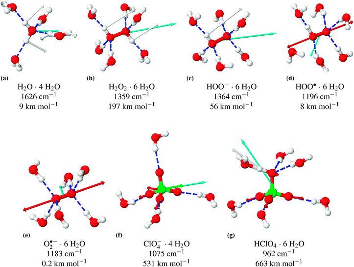 Structures and selected vibrational modes, including absorption coefficient, of the explicitly solvated molecules calculated with COSMO. Overview of vibrational frequencies at different solvation models, see Table 1. Hydrogen bonds are depicted as . The motion of the atoms during the respective vibrational modes are indicated as arrows in the color of the respective atom. The direction and magnitude of the TDM are shown as arrows in cyan ().