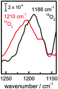 Isotope shift of mode at 1210 cm−1 when working in an 18O2 containing electrolyte at −0.59 V.