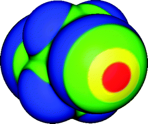 Molecular surface electrostatic potential of 1,2-diiodoperfluoroethane (ICF2CF2I), computed on the 0.001 au contour of the electronic density. Color ranges, in kcal mol−1, are: red, greater than 25; yellow, between 15 and 25; green, between 0 and 15; blue, less than 0 (negative). One of the iodines is facing the viewer. The iodine σ-hole is shown in red and is along the extension of a C–I bond; its VS,max is 31 kcal mol−1. The fluorines are entirely negative. Computational level: M06-2X/6-311G(d).