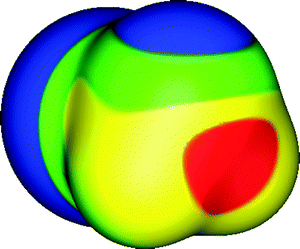 Molecular surface electrostatic potential of PH2Cl, computed on the 0.001 au contour of the electronic density. The phosphorus and hydrogens are in the foreground; the chlorine is in the rear. Color ranges, in kcal mol−1, are: red, greater than 25; yellow, between 15 and 25; green, between 0 and 15; blue, less than 0 (negative). The σ-hole along the extension of the Cl–P bond is shown in red; its VS,max is 39 kcal mol−1. The σ-hole along the extension of one of the H–P bonds is within the yellow region at left; its VS,max is 20 kcal mol−1. Note the negative region (blue) associated with the lone pair of the phosphorus, toward the top. Computational level: M06-2X/6-311G(d).