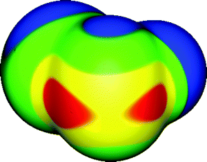 Molecular surface electrostatic potential of SeFCl, computed on the 0.001 au contour of the electronic density. The selenium is in the foreground, the chlorine toward the left rear and the fluorine toward the right rear. Color ranges, in kcal mol−1, are: red, greater than 34; yellow, between 17 and 34; green, between 0 and 17; blue, less than 0 (negative). The two selenium σ-holes are shown in red, and are located along the extensions of the F–Se and Cl–Se bonds; their VS,max are 46 and 40 kcal mol−1, respectively. Note the negative region (blue) associated with one of the lone pairs of the selenium, toward the top. Computational level: M06-2X/6-311G(d).