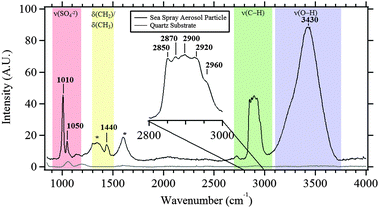 Typical Raman spectra of the quartz substrate and of a 2 μm sea spray aerosol particle (with inset of C–H stretching region). Bands associated with various functional groups are labeled (see text for details). *These bands are due to graphitic carbon that forms due to laser burning of the sample.