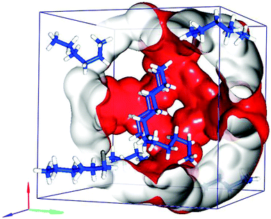 Snapshot of adsorbed n-hexane in one ZIF-8 unit cell at 102 kPa.