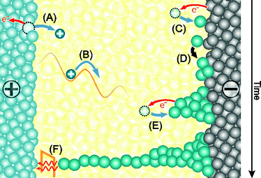 Illustration of the electrochemical processes during SET switching. A positive polarity is applied to the active Ag/Cu electrode. (A) Oxidation of the Ag/Cu active electrode (charge transfer reaction) and dissolution. (B) Migration of Ag/Cu cations under the applied electric field. (C) Reduction reaction at the inert electrode/solid film interface. (D) Nucleation process prior to (E) filamentary growth driven by further reduction processes. (F) When the filament approaches the active electrode significant electron tunneling current sets and the cell switches to a low resistive state.