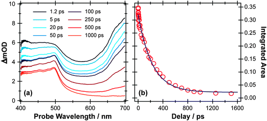 (a) TEA spectra measured at different Δt following 267 nm photoexcitation of a 45 mM solution of p-MePhSMe in cyclohexane flowing through a 100 μm Harrick cell. (b) Numerical integration between 650 and 700 nm allows monitoring of the time-dependent population of the p-MePhSMe(S1) state (open circles). The solid blue line is a least-squares fit of the kinetic data to a single exponential function.
