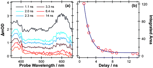 (a) TEA spectra measured for Δt values between 1–14 ns following 267 nm photoexcitation of a 10 mM solution of PhOH in cyclohexane flowed through a wire guided liquid jet. (b) Numerical integration between 575–625 nm allows extraction of kinetic traces (open circles). The solid blue line is a least-squares fit of the kinetic data to a single exponential function.