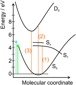 Schematic representation of the potential energy curves of 9H tautomer of adenine in water, where S0 is the ground state, S1 the lowest limit of the excited state and D0 the first ionic state. Higher excited states are referred to as Sn. The arrows indicate the photon energies of pump and probe pulses (4.66 eV and 5.21 eV). The relative positions of the curves are determined by (1) the onset of the absorption spectrum, (2) the vertical ionization energy,33 and (3) the adiabatic ionization potential.34 For details see the text.