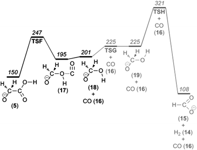 Potential energy diagram illustrating carbon monoxide loss from the glycolate anion.