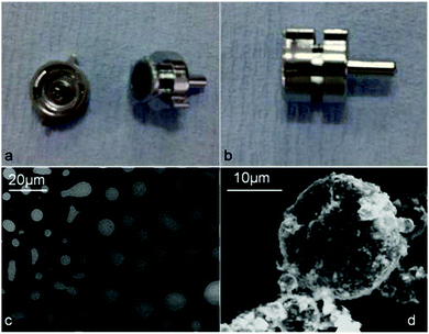 Optical images of (a) an open WETSEM sample cell; (b) a closed WETSEM sample cell; (c) WETSEM micrographs for β-CD–tetradecane stabilized emulsions (Φo = 0.3) and (d) a particle coated oil droplet.