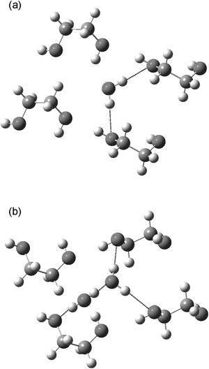 Optimized structures of 4 : 1 (a) and 4 : 2 (b) EG–water complexes obtained from DFT calculations.