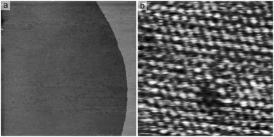 STM images of the Cu-covered Pt(111) electrode in the deposition electrolyte (0.1 M HClO4 + 1 mM CuO): (a) atomically flat morphology (552 nm)2, E = 375 mV, UB = 156 mV, IT = 1 nA; (b) defective (1 × 1)-structure (4.63 nm)2, E = 402 mV, UB = 1 mV, IT = 50 nA.