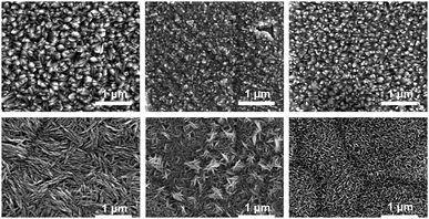 SEM images of non-doped (top row) and boron doped (bottom row) TiO2 CVD samples made at 500, 550 and 600 °C left to right.