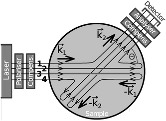 Scheme of light paths in a cuvette which contribute to the scattering at Θ. The wave vectors ±k⃑1 and ±k⃑2 indicate the directions of the incident and the scattered components, respectively.
