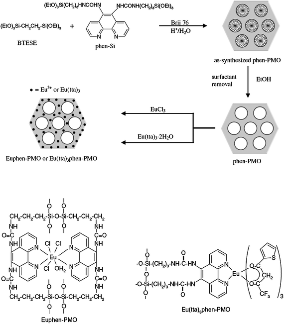 Schematic diagram of incorporation of the europium complex into the framework of PMOs via a co-condensation of 1,2-bis(triethoxysilyl)ethane (BTESE) and 5,6-bis(N-3-(triethoxysilyl)propyl-1,10-phenanthroline (phen-Si) using covalent bonds. Reprinted with permission from ref. 138. Copyright 2008, Elsevier Ltd.