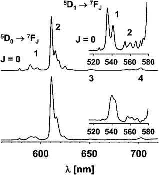 Luminescence spectra of [Eu(tta)3(phen)] (top) and Eu1 (bottom) at 295 K obtained under ligand excitation at 385 nm. Reprinted with permission from ref. 168. Copyright 2005, Wiley Publishing Company.