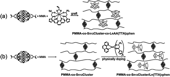 The proposed mechanisms for the formation of PMMA-co-Sn12Cluster/Ln(TTA)3phen and PMMA-co-Sn12Cluster-co-LnAA(TTA)2phen hybrid materials (Ln =Eu, Er, Yb, Nd, and Sm). Reprinted with permission from ref. 187. Copyright 2010, Royal Society of Chemistry Publishing Company.