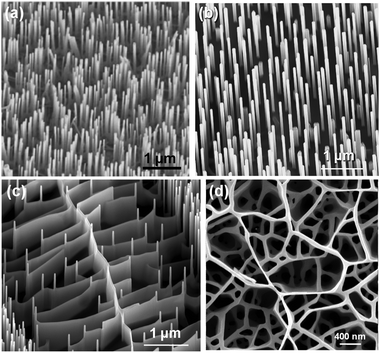 (a) Vertically aligned and hexagonally patterned ZnO nanowires grown on sapphire substrate. (b) Randomly distributed aligned ZnO nanowires grown via VS process. (c) Parallel ZnO nanofin structures. (d) Randomly distributed ZnO nanowall networks.