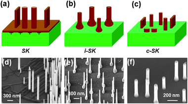 Three suggested heteroepitaxial growth modes of nanowires. (a) The SK mode, where a defective film forms between the solid substrate and strain-free nanowires. (b) The island SK (i-SK) mode, where a cone-shaped base forms beneath the nanowire. (c) The coherent SK (c-SK) mode, where dislocation-free nanowires directly grows on the substrate surface without any intermediate structure. (d–f) Typical SEM images showing ZnO nanowires grown on GaN substrate via the SK, i-SK, and c-SK modes, respectively.