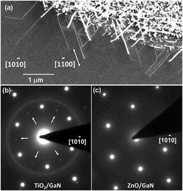(a) Horizontal TiO2 nanowires grown from Au patterns on (0001) GaN. The highlighted crystallographic axes coincide with two growth directions. (b) SAED pattern of TiO2 nanowires on GaN. (c) SAED pattern of ZnO nanowires on GaN. Both patterns are collected at the [0001] zone axis. The diffraction spots shown with arrows in (b) indicate a 30° rotation in the crystal orientation for TiO2 with respect to ZnO.