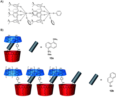 (A) Tungsten functionalized calix[4]arene (11) which forms columnar stacks in the solid state; (B) merged cyclodextrin and calixarene motifs. Substituent X can either be included in the cyclodextrin intra- or intermolecularly.