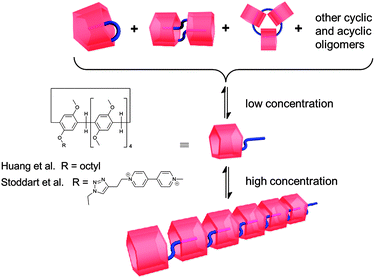 Monofunctionalized pillar[5]arenes 13 and 14 reported by Huang et al. and Stoddart et al. respectively forming long acyclic polymeric aggregates at high concentrations in chloroform.33,46