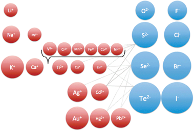 Periodic arrangement of ions, with proportional ionic radii. Connecting lines show representative cation exchange pairs. Some pairs may be uninvestigated as yet.