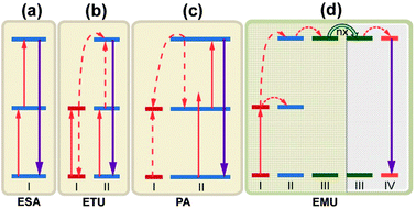 Proposed typical upconversion processes. (a) Excited state absorption (ESA); (b) energy transfer upconversion (ETU); (c) photon avalanche (PA). PA is an unconventional mechanism as it could lead to strong upconverted emission without any resonant ground-state absorption when the pump power is above a certain threshold value. The pump wavelength is only resonant between a metastable state and a higher energy level; (d) energy migration-mediated upconversion (EMU) involving the use of four types of lanthanide ions and a core–shell design. Note that core and shell regions are highlighted with different background colors. The ‘nx’ denotes the occurrence of random hopping through many type-III ions.