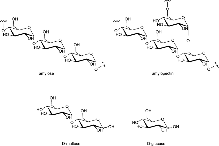 Partial structure of the starch constituents amylose and amylopectin, and their hydrolysis products maltose and glucose.