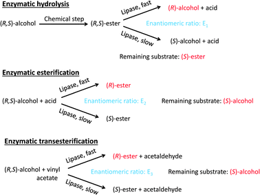 Lipase-catalysed reactions used for the resolution of the two enantiomers of a racemic alcohol. The two main products in each case are given in red (the reaction product and the remaining substrate). The lipase converts the R-enantiomer of the substrate faster than the S enantiomer in all cases, but the enantiomeric ratio (E) can be different in each case.