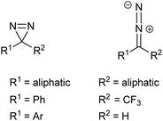 The diazirine ring, its linear diazo isomer and commonly-encountered substitutions thereof.