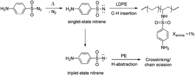 Functionalisation of polyethene via post-functionalisation: C−H insertion of a nitrene generated from a tosylazide. The bottom pathway emphasises the undesirable side reactions.