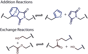 Reversible bond rearrangement reactions employed by Chen et al.4 (top) and Montarnal et al.5 (bottom). Reversible addition reactions (top), such as the Diels–Alder cycloaddition, result in breaking and reforming of the polymer backbone. In contrast, reversible exchange reactions (bottom), such as the transesterification reaction, result in bond rearrangement or shuffling without a disruption in connectivity.