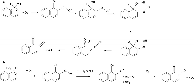 Summary of pathways to 2-formylcinnamaldehyde from the naphthalene–OH adduct: (a) via reaction with O2, (b) via reaction with O2/NO/RO2.