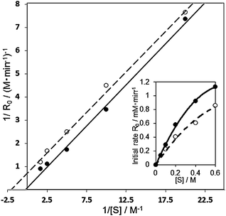 Lineweaver–Burk plot and Michaelis–Menten kinetics in the aerobic oxidation of 1-phenyl ethanol over the Au60Pd40-PVP/HT catalyst in the presence (solid line) and absence (dashed line) of the TEMPO radical scavenger. Reaction conditions: 1-phenylethanol (0.25–3 mmol), catalyst (10 mg), TEMPO (0.0032 mmol), toluene 5 ml, 313 K, 5 min, O2 flow (20 ml min−1).