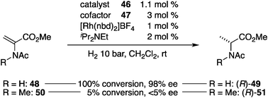 Catalytic asymmetric hydrogenation of 48 and 50 by cofactor-based catalyst 46/Rh+/47.