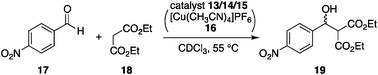 Knoevenagel reaction of p-nitrobenzaldehyde (17) and diethyl malonate (18).