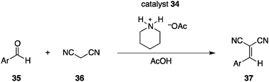 Knoevenagel reaction of aromatic aldehyde 35 and malononitrile (36).