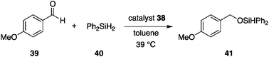 Hydrosilylation of p-anisaldehyde (39) and diphenylsilane (40).