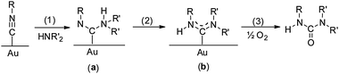 Mechanism for the Au-catalyzed reaction (eqn (15)) of isocyanides (R–NC) with secondary amines  and O2.59