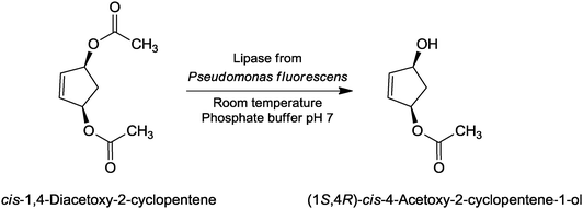 Synthesis of (1S,4R)-cis-4-acetoxy-2-cyclopentene-1-ol by lipase-catalyzed hydrolytic desymmetrization.