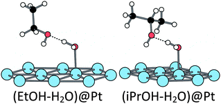 Structures of the adsorbed alcohols in the presence of water. Eads = −0.61 eV for both.
