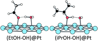 Structures obtained after adsorption of ethanol and isopropanol in the presence of an adsorbed hydroxyl (Eads = −0.89 eV in both cases).