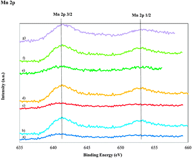 XPS spectra of the Mn 2p XPS region for calcined MnMCM-48 and WMnMCM-48 catalysts; MnMCM-48 prepared by HD with Si/Mn = 75 (a), Si/Mn = 45 (b), TIE with Si/Mn = 75 (c), Si/Mn = 45 (d), MD with Si/Mn = 75 (e), Si/Mn = 45 (f) and WMnMCM-48 (g) samples.