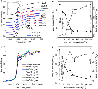 (A) In situ Au LIII-edge XANES spectra during the calcination of the catalyst precursor in air and during the reduction of the catalyst precursor in H2. (B) In situ Au LIII-edge XANES spectra during the reduction of the catalyst precursor in H2. (C) Variations of the white line peak height (h1) and the peak height at 11 948 eV (h2) in the Au LIII-edge XANES spectra during the calcination of the catalyst precursor in air. (D) Variations of the white line peak height (h1) and the peak height at 11 948 eV (h2) in the Au LIII-edge XANES spectra during the reduction of the catalyst precursor in H2.